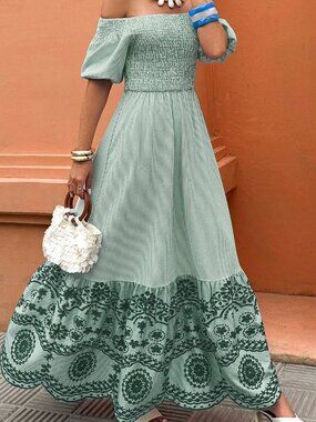 Multicolor Boho Women's Off-Shoulder Striped A-Line Split Dress